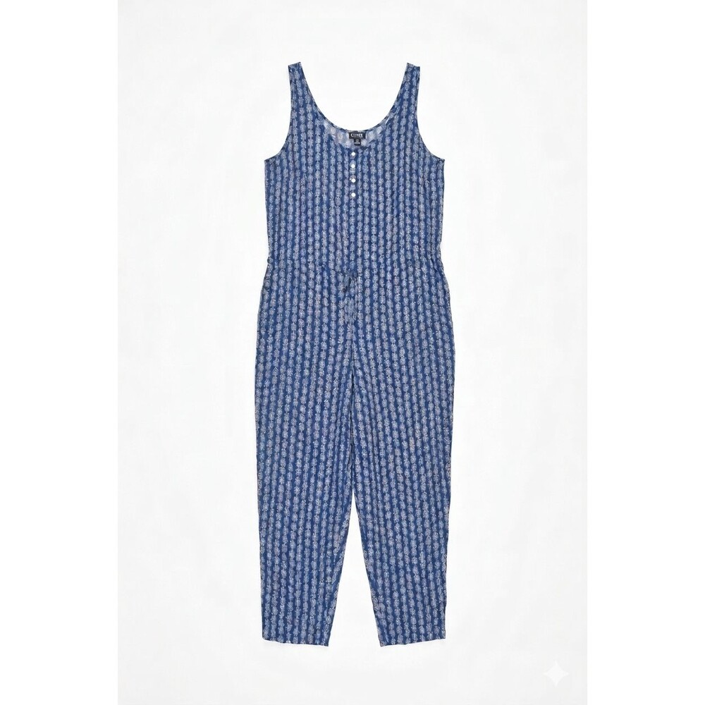 Chaps Women's XL Blue Paisley Sleeveless Button Front Jumpsuit with Pockets
